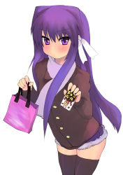 Rule 34 | 00s, 1girl, atahuta, black thighhighs, blush, clannad, fujibayashi kyou, gift, highres, holding, holding gift, leaning forward, long hair, looking at viewer, purple eyes, purple hair, short shorts, shorts, simple background, solo, thighhighs, white background