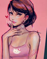 Rule 34 | 1girl, bare shoulders, breasts, brown eyes, brown hair, camisole, choker, cleavage, collarbone, earrings, finger to mouth, hair between eyes, heart, heart choker, hello kitty, highres, jewelry, medium breasts, oluyemiart, persona, persona 3, pink background, pink camisole, pink lips, print camisole, sanrio, short hair, signature, solo, swept bangs, takeba yukari, upper body