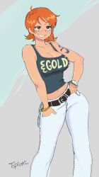Rule 34 | 1girl, belt, bracelet, breasts, cleavage, hand on own hip, highres, jewelry, large breasts, looking at another, nami (one piece), one piece, orange hair, pants, short hair, smile, solo, tank top, tattoo, topium, wide hips