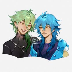 Rule 34 | 2boys, blue eyes, ezreal, green hair, highres, league of legends, looking at another, multiple boys, seragaki aoba, tagme, thatlazybones, yellow eyes