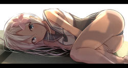 Rule 34 | 10s, 1girl, aqua eyes, ass, bad id, bad pixiv id, blonde hair, dark skin, dark-skinned female, flower, hair flower, hair ornament, highres, kantai collection, letterboxed, long hair, looking at viewer, lying, no pants, on side, rerrere, ro-500 (kancolle), school swimsuit, school uniform, serafuku, smile, solo, swimsuit, swimsuit under clothes, tan, v arms