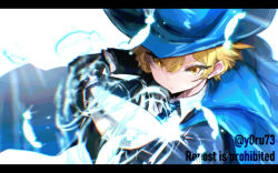 Rule 34 | 1boy, aiming, blonde hair, blue cape, blue headwear, blue necktie, cape, feathers, highres, holding, holding sword, holding weapon, limbus company, looking at viewer, male focus, necktie, project moon, rapier, simple background, sinclair (project moon), solo, sword, weapon, white background, y0ru73, yellow eyes