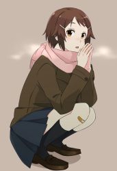 Rule 34 | 1girl, bad id, bad pixiv id, bandaid, bandaid on knee, bandaid on leg, blush, brown eyes, brown hair, freckles, highres, keiji (thefrontofarmament), lisbeth (sao), loafers, looking at viewer, nose blush, pink scarf, scarf, shoes, short hair, skirt, solo, squatting, sword art online
