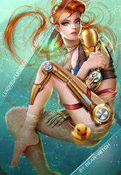 Rule 34 | 1girl, absurdres, bearwitch, braid, breasts, choker, crop top, gloves, green eyes, highleg, highres, jacket, jewelry, jinx (league of legends), league of legends, legs, lips, long hair, looking at viewer, single mechanical arm, necklace, odyssey jinx, orange hair, prosthesis, prosthetic arm, single glove, small breasts, solo, tank top, tattoo, underwear, very long hair, water