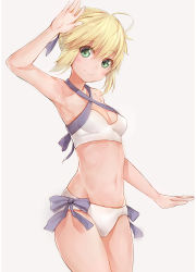 Rule 34 | 1girl, absurdres, ahoge, arm up, armpits, artoria pendragon (all), artoria pendragon (fate), artoria pendragon (swimsuit archer) (fate), artoria pendragon (swimsuit archer) (first ascension) (fate), bare legs, bare shoulders, beige background, bikini, blonde hair, blue bow, blush, bow, breasts, cameltoe, cleavage, cleavage cutout, closed mouth, clothing cutout, cowboy shot, criss-cross halter, eyebrows, fate/grand order, fate/stay night, fate (series), green eyes, halterneck, head tilt, highres, looking at viewer, navel, partially visible vulva, saber (fate), short hair, silver (chenwen), simple background, small breasts, smile, solo, standing, stomach, swimsuit, white bikini