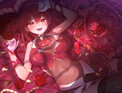 Rule 34 | 1girl, :d, breasts, cleavage, covered navel, cropped jacket, flower, gloves, hair between eyes, heart, heart-shaped pillow, heterochromia, highres, hololive, houshou marine, jacket, large breasts, leotard, leotard under clothes, long hair, looking at viewer, lupi (lupinel9), lying, midriff, miniskirt, navel, on back, open mouth, partially unbuttoned, pillow, red eyes, red flower, red hair, red jacket, red rose, red skirt, ribbon, rose, see-through, see-through cleavage, see-through midriff, skirt, sleeveless, sleeveless jacket, smile, solo, thighhighs, virtual youtuber, white gloves, yellow eyes