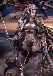 Rule 34 | 1girl, armor, armored boots, azhang, bare shoulders, black eyes, black hair, boots, contrapposto, couter, fantasy, flag, gauntlets, gluteal fold, helmet, highres, knight, lips, navel, original, pauldrons, photoshop (medium), shoulder armor, solo, standard bearer, sword, thigh boots, thighhighs, war, weapon