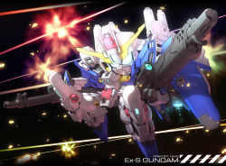 beam_rifle blue_eyes character_name dual_wielding energy_gun ex-s_gundam explosion gun gundam gundam_sentinel holding mecha no_humans robot sd_gundam space susagane weapon