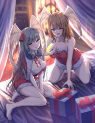 Rule 34 | 2girls, absurdres, bare shoulders, barefoot, blue eyes, box, breasts, brown hair, cape, christmas, curly hair, dress, eunie (xenoblade), gift, gift box, grey hair, head wings, highres, long hair, melia antiqua, multiple girls, on bed, sakunaru, smile, strapless, tube top, wings, xenoblade chronicles (series), xenoblade chronicles 3