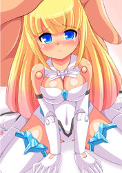 Rule 34 | 10s, 1girl, :&lt;, arm support, bare shoulders, blonde hair, blue eyes, blush, boots, breasts, busou shinki, cleavage, cleavage cutout, clothing cutout, covered navel, doll joints, elbow gloves, frown, gloves, gradient hair, hand on another&#039;s head, joints, leotard, long hair, looking at viewer, mini person, minigirl, multicolored hair, oborogumo takamitsu, olbern, peaked eyebrows, pink hair, pov, raised eyebrows, sidelocks, signature, sitting, size difference, solo focus, sparkle, tears, thigh boots, thighhighs, very long hair, wariza, white footwear, white gloves, white thighhighs