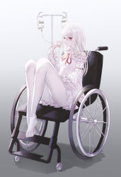 Rule 34 | 1girl, absurdres, albino, bad id, bad pixiv id, bandages, breasts, closed mouth, commentary, domi (hongsung0819), dress, english commentary, female focus, gown, gradient background, grey background, highres, intravenous drip, long hair, medium breasts, original, pantyhose, red eyes, red ribbon, ribbon, solo, wheelchair, white hair, white pantyhose