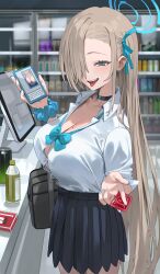 Rule 34 | 1girl, asuna (blue archive), black choker, black skirt, blue archive, blue bow, blue bowtie, blue eyes, blush, bow, bowtie, breasts, brown hair, cellphone, choker, cleavage, condom, condom wrapper, hair ornament, hair over one eye, halo, highres, holding, holding condom, holding phone, hood (james x), large breasts, long hair, mole, mole on breast, open mouth, phone, pleated skirt, scrunchie, shirt, shirt tucked in, skirt, smartphone, smile, tongue, tongue out, white shirt, wrist scrunchie