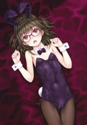 Rule 34 | 1girl, absurdres, animal ears, breasts, brown eyes, brown hair, brown pantyhose, focke wulf, gluteal fold, highres, leotard, looking at viewer, non-web source, original, pantyhose, playboy bunny, purple leotard, rabbit ears, rabbit tail, scan, small breasts, solo, tail, wrist cuffs