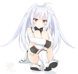 Rule 34 | 10s, 1girl, blush, boots, closed mouth, crossed arms, crossed legs, detached sleeves, ears, employee uniform, hugging own legs, isla (plastic memories), kani biimu, long hair, looking at viewer, plastic memories, red eyes, simple background, sitting, solo, thighs, twintails, uniform, white hair