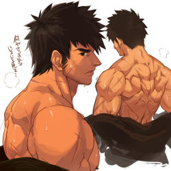 Rule 34 | 1boy, back, back focus, bara, beard, black eyes, brown hair, dungeon and fighter, facial hair, jacket, unworn jacket, kanji, long sideburns, looking at another, male focus, manly, mature male, muscular, muscular male, nikism, original, scar, scar on arm, scar on back, sideburns, solo, spiked hair, sweat, sweatdrop, thick eyebrows, upper body