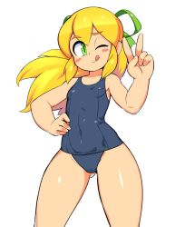 Rule 34 | 1girl, ;p, blonde hair, blush stickers, breasts, cowboy shot, covered erect nipples, green eyes, nisetanaka, one-piece swimsuit, one eye closed, mega man (series), mega man (classic), roll (mega man), small breasts, smile, solo, swimsuit, tongue, tongue out, v