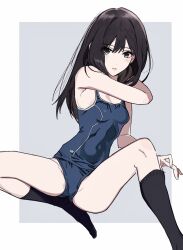Rule 34 | 1girl, ass, bare arms, bare shoulders, black hair, black socks, bloom into me15, blue one-piece swimsuit, breasts, earrings, grey background, grey eyes, highres, idolmaster, idolmaster cinderella girls, jewelry, legs apart, long hair, looking at viewer, no shoes, one-piece swimsuit, open mouth, shibuya rin, small breasts, socks, solo, swimsuit