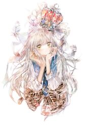 Rule 34 | 1girl, blue vest, crown, feathers, grey hair, highres, kazuka, long hair, long sleeves, looking at viewer, original, painting (medium), shirt, solo, traditional media, upper body, vest, watercolor (medium), white background, white shirt, yellow eyes