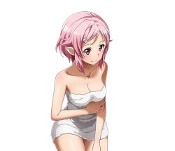 Rule 34 | 1girl, breasts, cleavage, collarbone, hair ornament, hairclip, lisbeth (sao-alo), medium breasts, naked towel, pink hair, pointy ears, red eyes, shiny skin, short hair, sitting, smile, solo, sword art online, towel, transparent background, white towel
