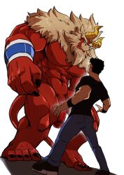 Rule 34 | 2boys, ass, bara, beard, black hair, blank eyes, clothed male nude male, colored skin, curled horns, demon boy, demon horns, denim, facial hair, flaccid, forked eyebrows, from below, full body, furry, furry male, furry with non-furry, gardie (otsukimi), highres, horns, huge eyebrows, interspecies, jeans, kouhei (otsukimi), large hands, large pectorals, lion hair, male focus, multiple boys, muscular, muscular male, nipples, nude, original, otsukimi, outstretched arms, pants, pectorals, penis, red skin, shirt, shoes, short hair, sideburns, sideburns stubble, size difference, spread arms, standing, stubble, t-shirt, thick eyebrows, thick thighs, thighs, uncensored, veins, veiny penis, yaoi
