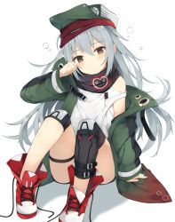 Rule 34 | ankle boots, arm up, bare shoulders, black scarf, black shorts, black thighhighs, blush, boots, brown eyes, buckle, closed eyes, coat, commentary, cross-laced footwear, drowsy, full body, g11 (girls&#039; frontline), girls&#039; frontline, green coat, green hat, grey hair, hair between eyes, hat, head tilt, heart, heart print, knee pads, knees up, long hair, long sleeves, nibiiro shizuka, off shoulder, open clothes, open coat, print scarf, red footwear, scarf, shoes, short shorts, shorts, simple background, single thighhigh, sitting, sleepy, sleeves past wrists, solo, tank top, thighhighs, untied footwear, very long hair, white background, wiping face