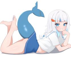 Rule 34 | 1girl, absurdres, alternate hairstyle, barefoot, blue eyes, blue hair, blue nails, blush, braid, braided ponytail, clenched teeth, commentary, dated commentary, english commentary, feet, fins, fish tail, gawr gura, hair ornament, highres, hololive, hololive english, long hair, looking at viewer, lying, mingkozus, multicolored hair, nail polish, on stomach, shark girl, shark tail, shirt, short sleeves, shrimp hair ornament, simple background, smile, soles, solo, t-shirt, tail, teeth, toenail polish, toenails, toes, virtual youtuber, white background, white hair, white shirt