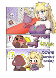 Rule 34 | 1girl, armlet, bad id, bad pixiv id, blonde hair, blush, bowsette, bracelet, breasts, collar, comic, crown, dress, gameplay mechanics, goomba, guest (guest of guest), highres, jewelry, large breasts, long hair, mario (series), musical note, new super mario bros. u deluxe, nintendo, o o, open mouth, sharp teeth, shrinking, smile, spiked armlet, spiked bracelet, spiked collar, spiked shell, spikes, strapless, strapless dress, super crown, tears, teeth