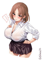 Rule 34 | 1girl, black skirt, blush, breasts, brown eyes, brown hair, chiyoda (kancolle), closed mouth, collared shirt, cowboy shot, cropped legs, ebifurya, highres, kantai collection, large breasts, long sleeves, one-hour drawing challenge, pleated skirt, see-through, see-through shirt, shirt, short hair, simple background, skirt, solo, twitter username, wet, wet clothes, wet shirt, white background, white shirt