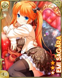 Rule 34 | 1girl, alternate hairstyle, ass, black thighhighs, blue eyes, bow, breasts, brown bow, brown dress, chair, character name, closed mouth, day, dress, girlfriend (kari), hair bow, indoors, jacket, looking at viewer, medium hair, official art, orange hair, qp:flapper, reclining, ribbon, sagara emi, sitting, solo, tagme, thighhighs, twintails, white jacket