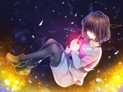 Rule 34 | 1other, artist name, black footwear, black pantyhose, blue shirt, blue shorts, brown footwear, brown hair, closed eyes, closed mouth, frisk (undertale), full body, glowing, glowing necklace, glowing neckwear, gradient footwear, heart, heart necklace, highres, holding, holding jewelry, holding necklace, jewelry, long sleeves, necklace, pantyhose, pink shirt, sasucchi95, shirt, short hair, shorts, striped clothes, striped shirt, undertale
