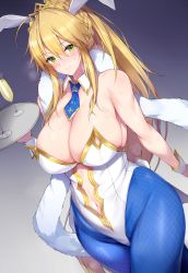 Rule 34 | 1girl, absurdres, animal ears, artoria pendragon (all), artoria pendragon (fate), artoria pendragon (swimsuit ruler) (fate), bare shoulders, blonde hair, blue gk, blue pantyhose, braid, breasts, cup, detached collar, drinking glass, fake animal ears, fate/grand order, fate (series), french braid, gradient background, green eyes, hair between eyes, highres, large breasts, leotard, long hair, looking at viewer, necktie, pantyhose, playboy bunny, ponytail, rabbit ears, rabbit tail, sidelocks, solo, tail, wine glass