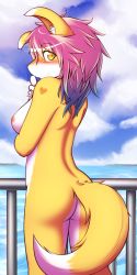 Rule 34 | 1girl, artist request, ass, breasts, dog, female focus, furry, furry female, highres, nipples, ocean, outdoors, pink hair, short hair, sky, solo, yellow eyes