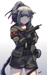 Rule 34 | 1girl, absurdres, animal ear fluff, animal ears, arknights, black choker, black gloves, black jacket, black shirt, black shorts, choker, closed mouth, commentary, ear protection, gar32, gloves, gradient background, green eyes, grey background, grey hair, gun, hair ribbon, handgun, headset, high ponytail, highres, holding, holding gun, holding weapon, jacket, jessica (arknights), long sleeves, looking at viewer, open clothes, open jacket, pink ribbon, pistol, ponytail, ribbon, shirt, short shorts, shorts, signature, solo, weapon, weapon request, white background