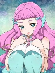 Rule 34 | 1girl, :p, alternate breast size, blue eyes, blunt bangs, bracelet, breasts, covered erect nipples, eyebrows, fins, head fins, highres, jewelry, large breasts, laura (precure), long hair, mermaid, monster girl, naughty face, pink hair, precure, solo, tongue, tongue out, tropical-rouge! precure, upper body, zootan