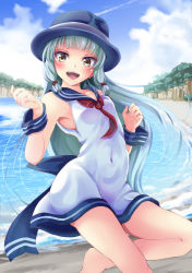 Rule 34 | 1girl, :d, adapted uniform, alternate costume, armpits, beach, blue sky, bow, brown eyes, cloud, cloudy sky, collarbone, commentary request, day, dress, hair bow, hair ribbon, hat, kantai collection, long hair, looking at viewer, murakumo (kancolle), ocean, open mouth, outdoors, ribbon, sailor dress, school uniform, serafuku, silver hair, sky, smile, solo, standing, standing on one leg, tress ribbon, yumibakama meme