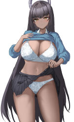 Rule 34 | 1girl, absurdres, black hair, blue archive, blue shirt, blush, bra, breasts, cleavage, closed mouth, cowboy shot, fahufahu, groin, halo, highres, karin (blue archive), large breasts, long hair, long sleeves, looking at viewer, navel, panties, purple halo, school uniform, shirt, simple background, solo, underwear, white background, white bra, white panties, yellow eyes