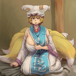 Rule 34 | 1girl, adapted costume, animal hat, blonde hair, breasts, brown eyes, chanta (ayatakaoisii), cleavage, detached sleeves, dress, fox tail, full body, hat, huge breasts, indoors, looking at viewer, mob cap, multiple tails, open mouth, room, seiza, short hair, sitting, socks, solo, strapless, strapless dress, sweatdrop, tabard, tail, thick thighs, thighs, touhou, white dress, white socks, wide sleeves, yakumo ran