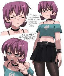 Rule 34 | 1girl, animification, bare shoulders, belt, belt collar, black collar, black eyes, black nails, black skirt, breasts, closed eyes, closed mouth, collar, cropped shirt, ear piercing, earrings, english text, gazlene membrane, goth fashion, highres, invader zim, jewelry, jourd4n, midriff, multiple views, nail polish, off-shoulder shirt, off shoulder, open mouth, pantyhose, piercing, pointing, pointing at another, shirt, short hair, skirt, small breasts