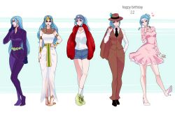 Rule 34 | 1girl, armband, armlet, birthday, blue hair, bodysuit, dress, earrings, egyptian clothes, egyptian dress, egyptian necklace, female focus, formal, full body, hand in pocket, happy birthday, hat, high heels, jewelry, long hair, millorart, multiple persona, multiple views, necklace, nefertari vivi, one piece, one piece: two years later, pants, piercing, pink dress, ponytail, sandals, shirt, shoes, shorts, socks, standing, suit, traditional clothes, twitter