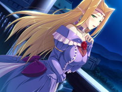 Rule 34 | 1girl, bare shoulders, blonde hair, blush, breasts, castle, christina rothschild, dress, elf, game cg, green eyes, himekishi angelica, ishigaki takashi, large breasts, long hair, looking at viewer, mature female, night, open mouth, pointy ears, sky, solo, standing, star (symbol)