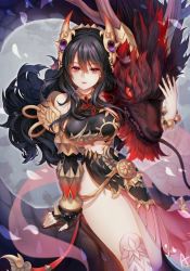 Rule 34 | 1girl, agui, black hair, black nails, bracelet, breasts, dragon, jewelry, large breasts, long hair, looking at viewer, nail polish, ornament, petals, red eyes, rin (seven knights), seven knights, sitting, smile