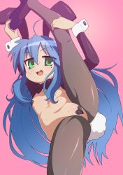 Rule 34 | 1girl, abiko zyozi, absurdres, ahoge, animal ears, bad id, bad pixiv id, black bow, black bowtie, black pantyhose, blue hair, blush, bow, bowtie, breasts, cameltoe, covered erect nipples, fake animal ears, green eyes, heart pasties, highres, izumi konata, leg up, long hair, looking at viewer, lucky star, meme attire, navel, open mouth, pantyhose, pasties, pink background, pussy, pussy peek, rabbit ears, reverse bunnysuit, reverse outfit, shiny clothes, shiny skin, simple background, small breasts, solo, split, standing, standing on one leg, standing split, sweat