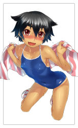 Rule 34 | 1girl, :d, bad id, bad pixiv id, bare shoulders, black hair, blush, collarbone, competition school swimsuit, covered erect nipples, covered navel, eyebrows, fang, flat chest, full body, one-piece swimsuit, oohara kyuutarou, open mouth, original, red eyes, school swimsuit, shoes, short hair, simple background, smile, sneakers, solo, swimsuit, tan, tanline, thick eyebrows, tomboy, towel, very short hair, wet