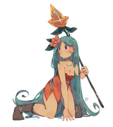 Rule 34 | 1girl, animal print, benzbt, boots, breasts, brown eyes, cleavage, commentary, cookie run, dress, facial mark, flower, full body, green hair, hair flower, hair ornament, holding, holding polearm, holding weapon, kneeling, long hair, looking up, polearm, short dress, small breasts, solo, spear, strapless, strapless dress, tiger lily cookie, tiger print, very long hair, weapon, whisker markings