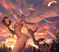 Rule 34 | 1girl, abs, angel wings, antennae, ass, breasts, city, cityscape, claws, cloud, cloudy sky, demon girl, devilman, diffraction spikes, feather hair, feathered wings, feathers, grey hair, harpy, head wings, highres, lens flare, monster girl, muscular, muscular female, nude, outdoors, siren (devilman), sky, smile, solo, talons, tarantulaines, wings