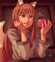 Rule 34 | 1boy, 1girl, absurdres, animal ears, apple, beer mug, brown hair, craft lawrence, cup, dress, eating, elbow on table, fangs, food, fruit, head rest, highres, holding, holding food, holding fruit, holo, indoors, mini person, miniboy, mug, pouch, red eyes, sitting on food, smile, spice and wolf, table, tail, thunderafterdark, wall, wolf ears, wolf girl, wolf tail