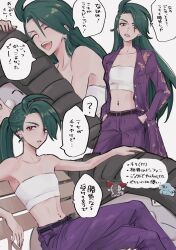 1girl creatures_(company) donphan earrings game_freak gen_2_pokemon green_hair highres jacket jewelry mtkpasta navel_piercing nintendo pants phanpy piercing pokemon pokemon_sv ponytail purple_jacket purple_pants red_eyes rika_(pokemon) smile speech_bubble strapless triangle_earrings tube_top