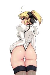 Rule 34 | 1girl, ahoge, artoria pendragon (all), artoria pendragon (fate), ass, black thighhighs, blonde hair, blush, cameltoe, capcom, fate/stay night, fate/unlimited codes, fate (series), green eyes, hair ribbon, haruhisky, highres, looking back, ribbon, saber (fate), saber lily, shiny skin, solo, standing, sweat, thighhighs