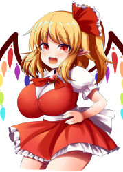 Rule 34 | 1girl, blonde hair, breasts, fang, flandre scarlet, frills, gero zoukin, highres, large breasts, medium hair, one side up, oppai loli, puffy short sleeves, puffy sleeves, red eyes, red skirt, red vest, shirt, short sleeves, skirt, solo, thighs, touhou, vest, white shirt, wings