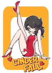 Rule 34 | 1girl, anklet, betty boop, betty boop (character), black hair, bracelet, cinder fall, commentary request, dress, earrings, english text, heart, high heels, iesupa, jewelry, one eye closed, red footwear, roosterteeth, rwby, shoes, sleeveless, sleeveless dress, solo, yellow eyes